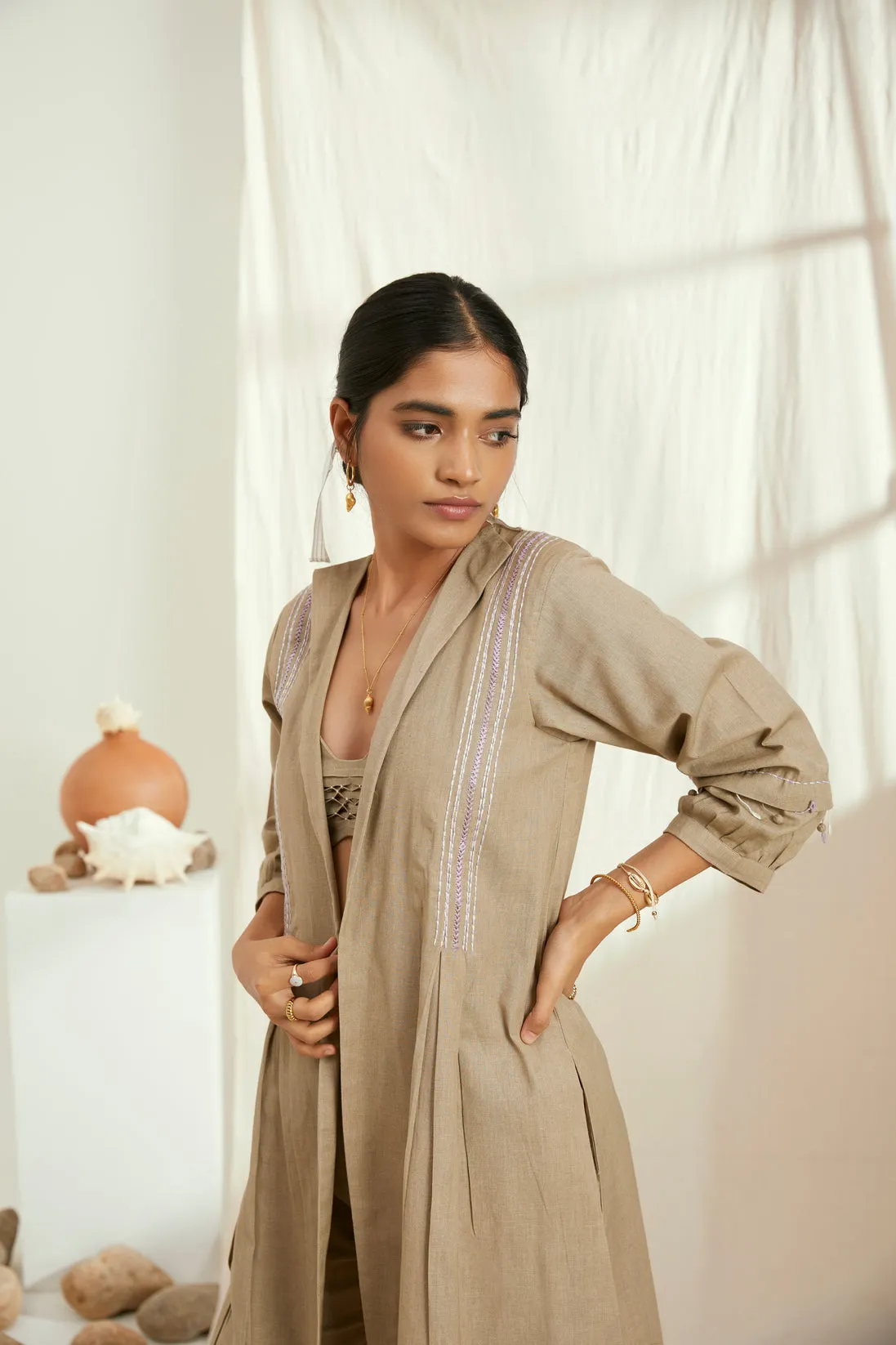 Beige linen long jacket set with hand embroidery