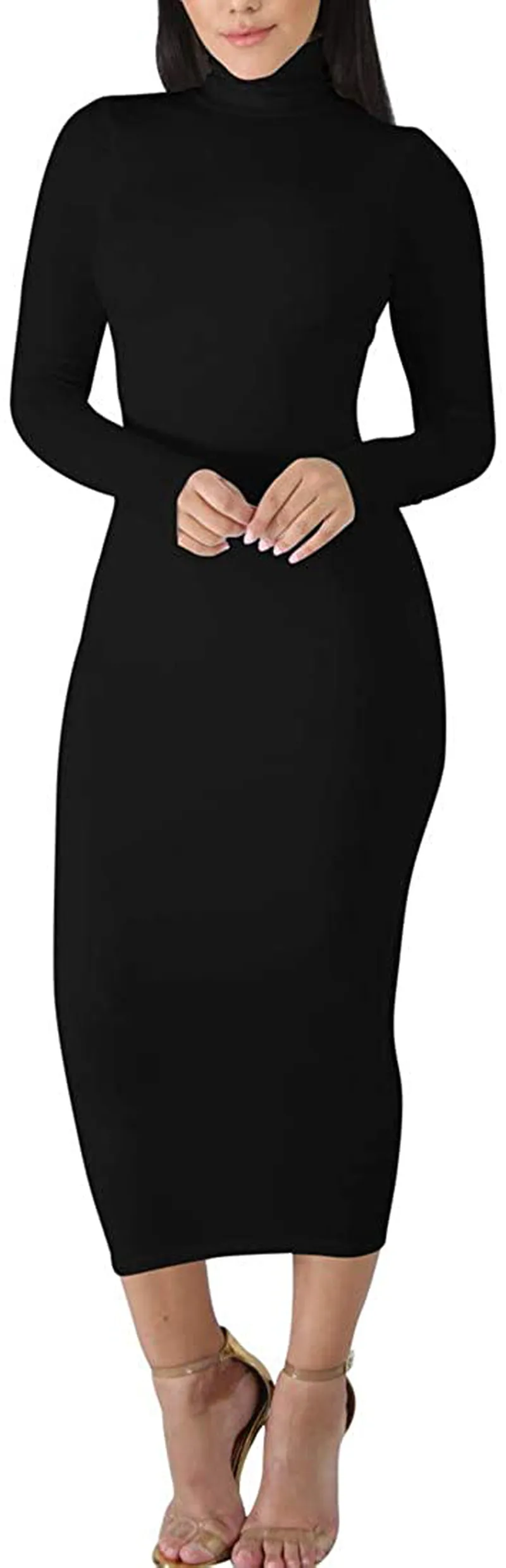 BORIFLORS Women's Sexy Basic Long Sleeve Turtleneck Bodycon Party Long Pencil Dress