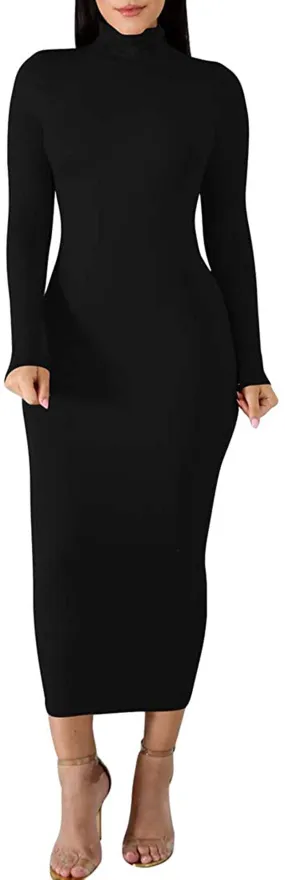 BORIFLORS Women's Sexy Basic Long Sleeve Turtleneck Bodycon Party Long Pencil Dress