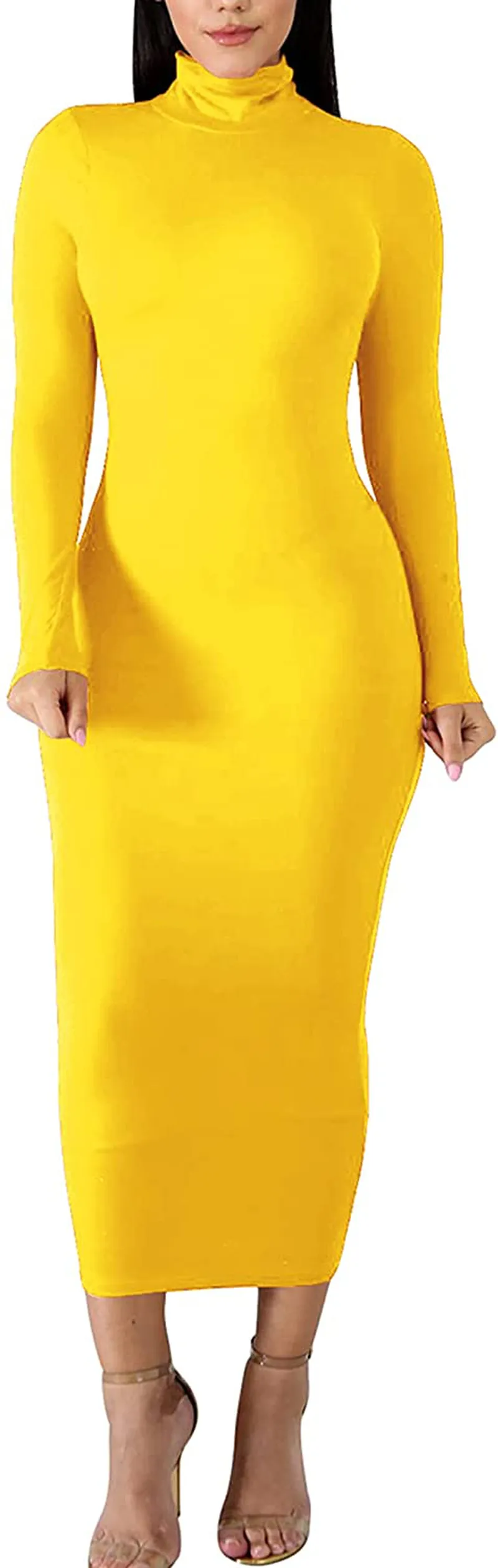 BORIFLORS Women's Sexy Basic Long Sleeve Turtleneck Bodycon Party Long Pencil Dress