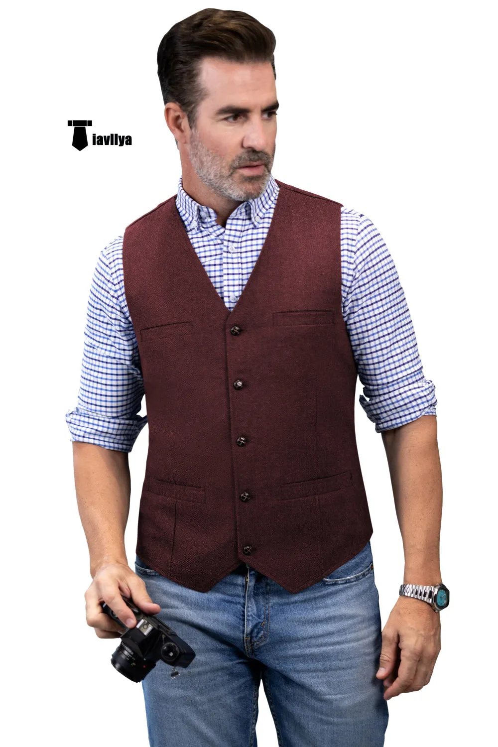 Formal Men's Tweed Herringbone V Neck Waistcoat