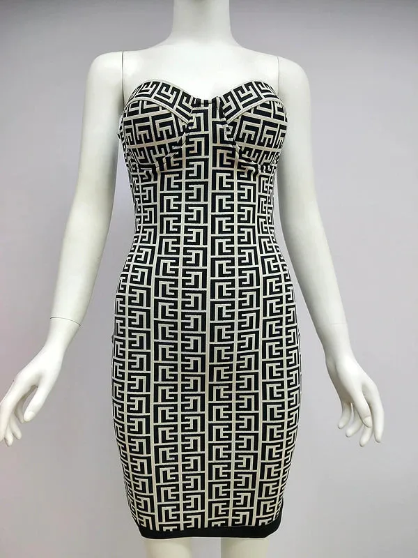 Geometric Strapless Bustier Top Mini Bandage Bodycon Dress