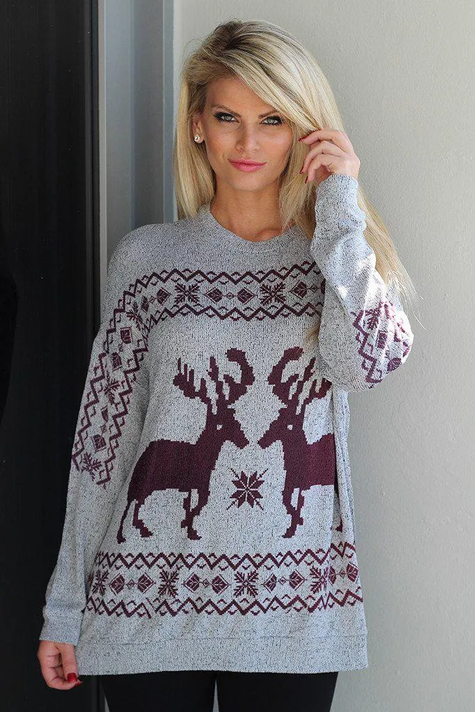 Gray And Burgundy Reindeer Top