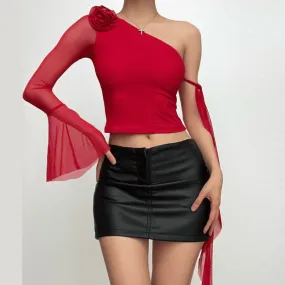 Long flared sleeve one shoulder mesh flower applique backless top