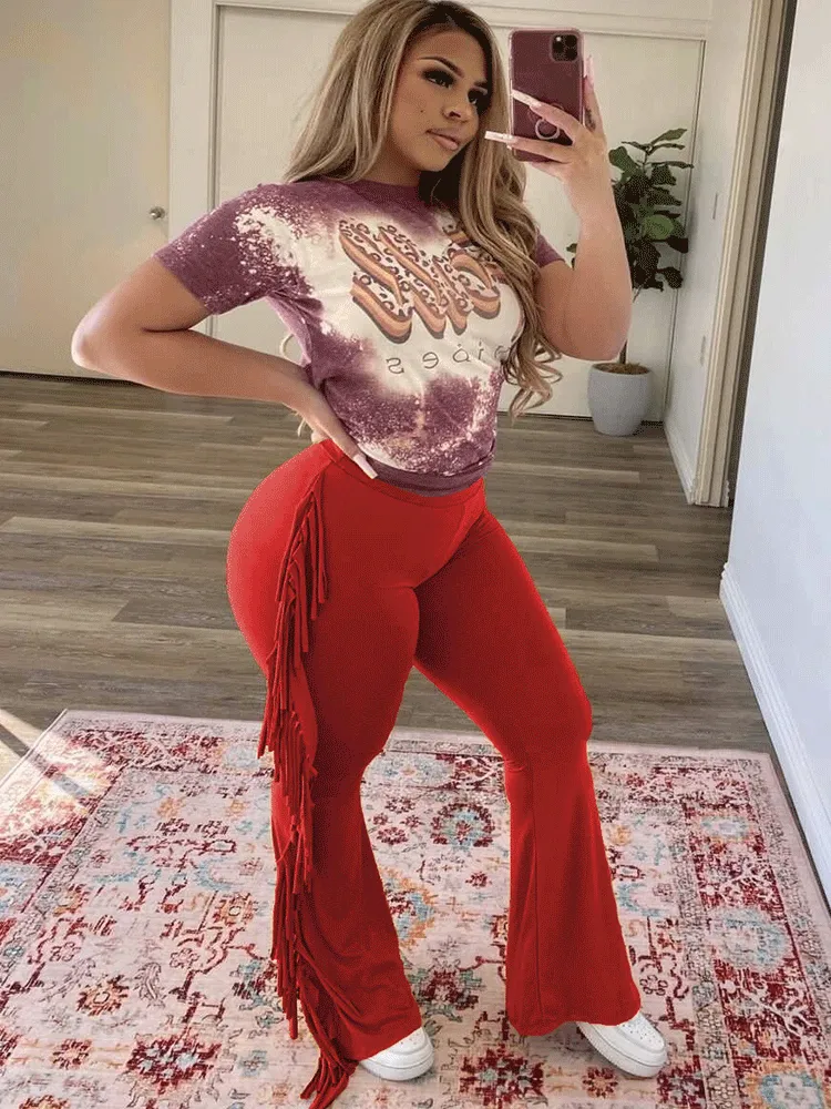 Solid Side Tassels Wide Leg High Waist Pants